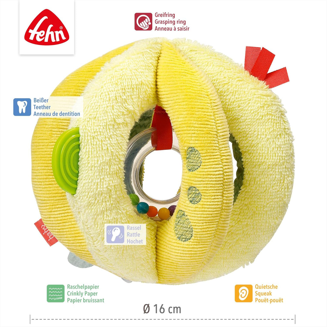 Fehn Activity Greifball Happy Dino - Spielball mit Rassel, Raschelpapier & Quietsche - Ball Babyspie