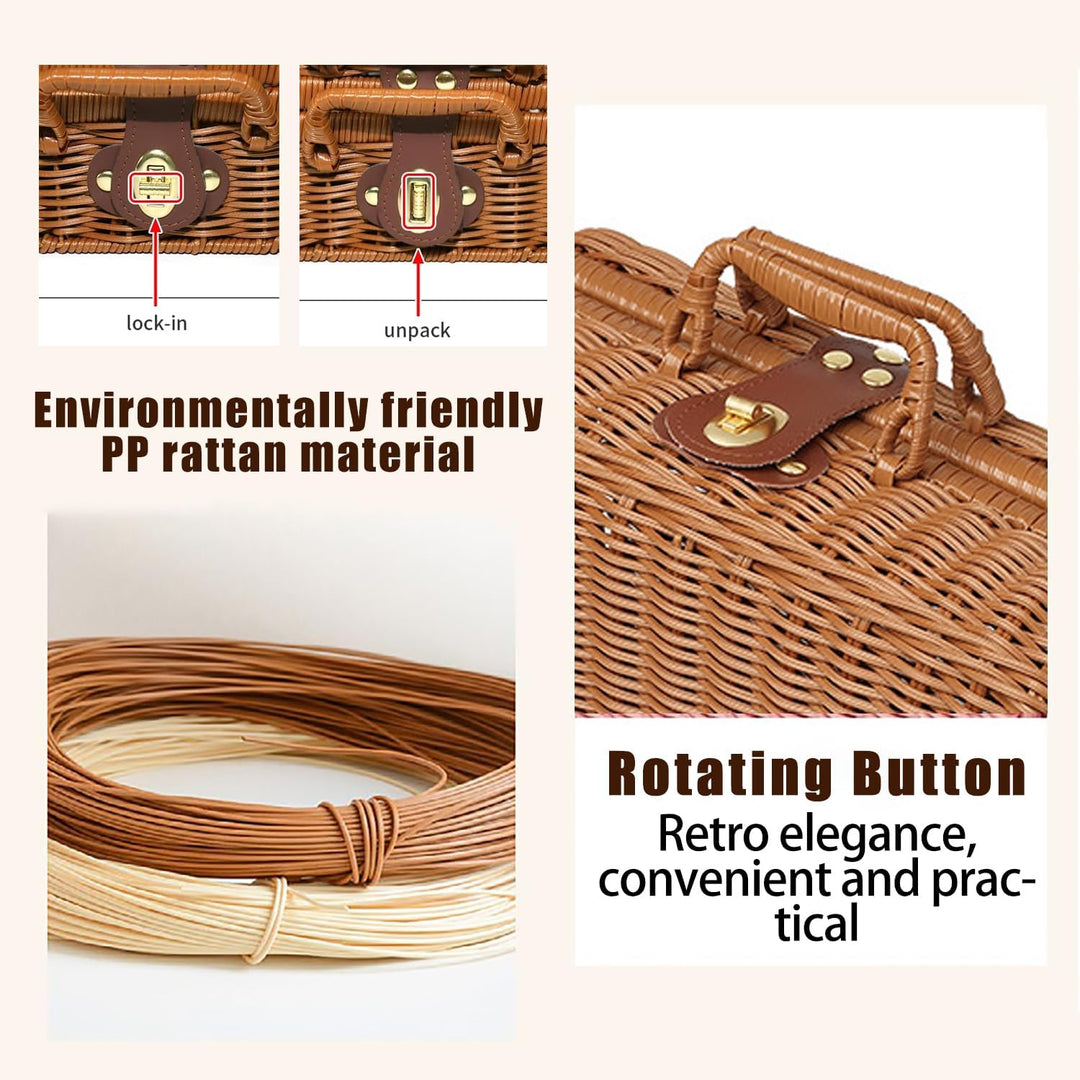 Geflochtener Rattan-Koffer Aufbewahrungskorb mit Griff, Gewebte Picknickbox, Handgewebt, mit Metalls