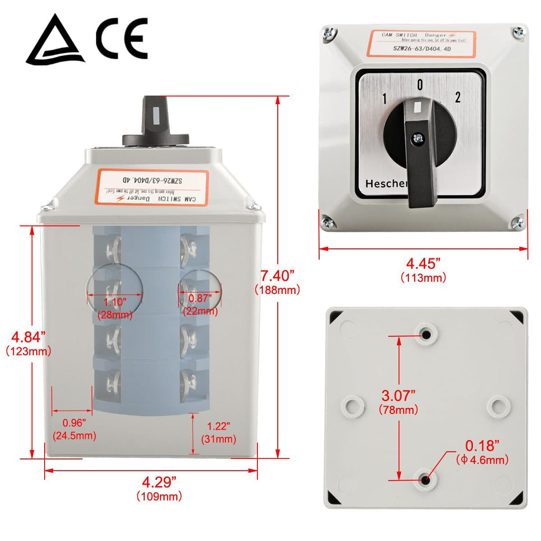 Heschen universaler Drehwechselschalter SZW26-63/D404.4D 660V 63A ON-OFF-ON, 3 Positionen, 4 Phasen,