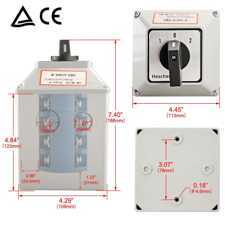 Heschen universaler Drehwechselschalter SZW26-63/D404.4D 660V 63A ON-OFF-ON, 3 Positionen, 4 Phasen,