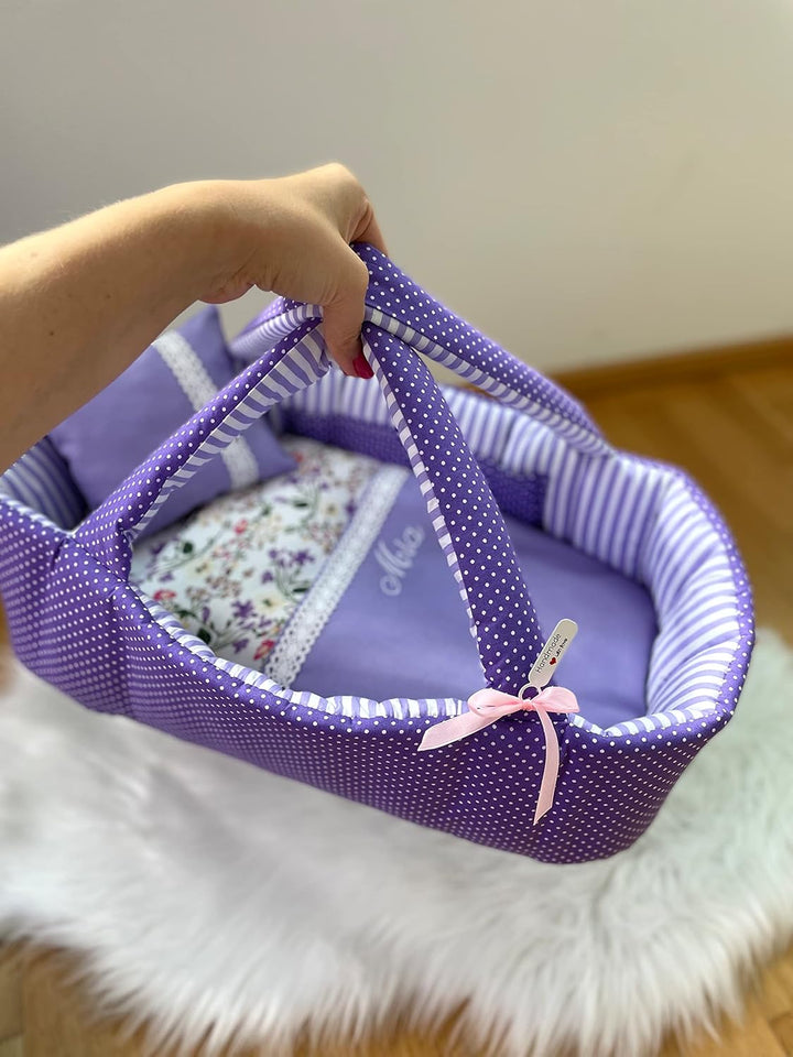 Puppentragetasche für Puppen 50-55 cm mit Bettwäsche, Lila, Personalisierung, Waschbar