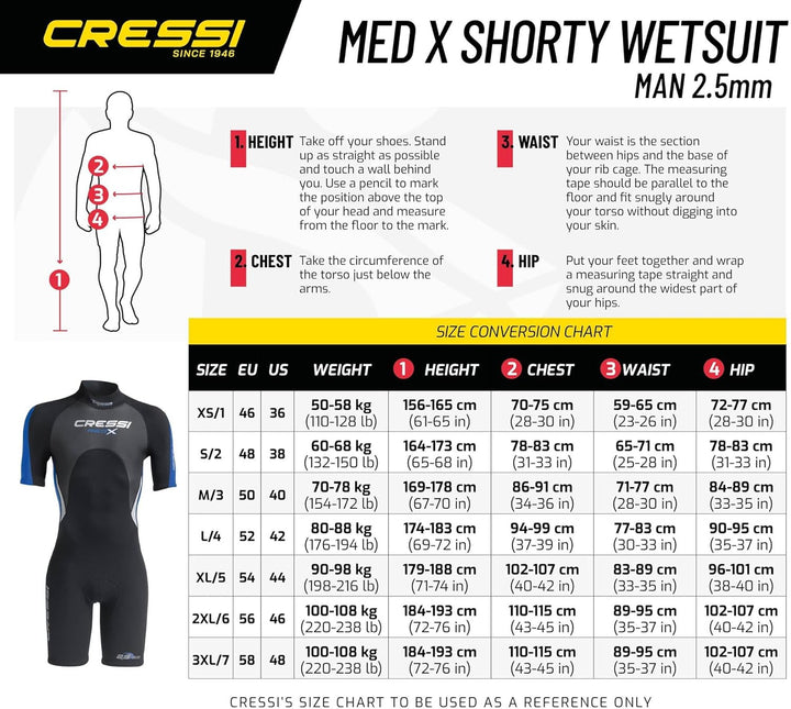 Cressi Med X Men's - Shorty Herren Neoprenanzug Premium Neopren 2.5 mm XS/1 Schwarz/Blau/Silber, XS/