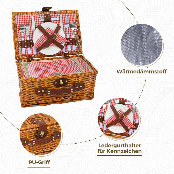 Picknickkorb Set für 2 Person mit Kühlfach, Abnehmbarer Riemen, Weinbeutel, Besteck Set, für Camping