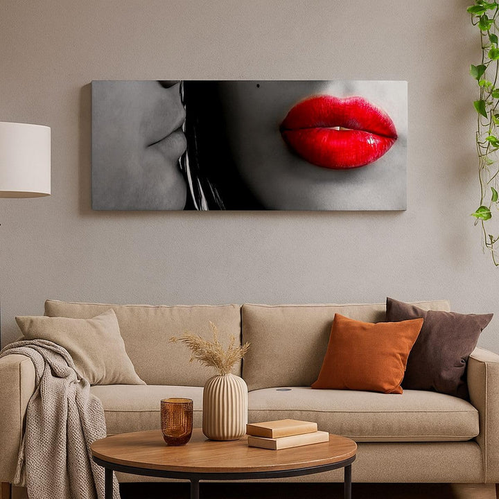 Wandbilder Dekoration Wohnzimmer Rote Lippen dunkles Haar Modell Liebe Bilder auf Leinwand 120x50cm