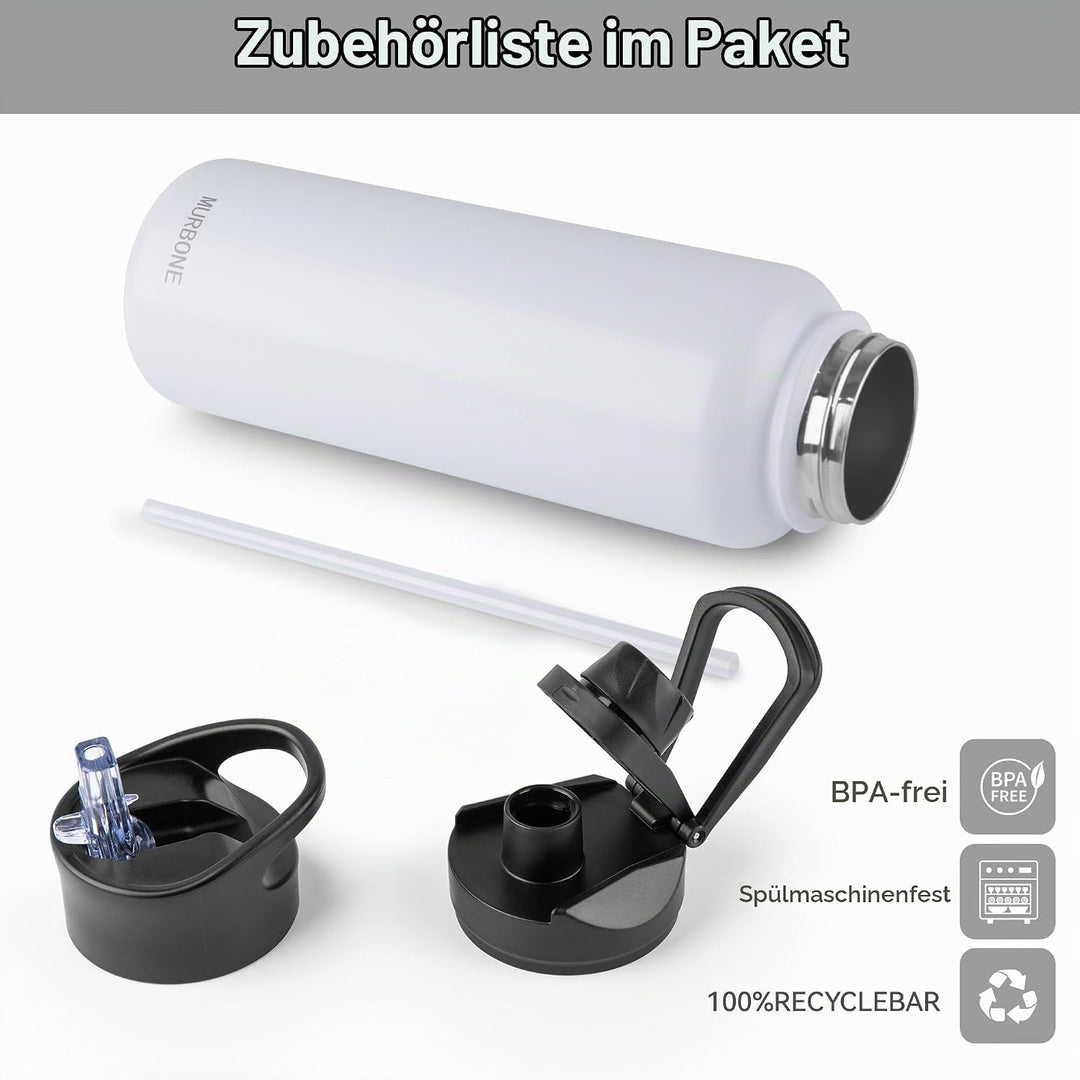 Edelstahl Trinkflasche 1.2L (+2 Deckel)-mit Strohhalm,BPA frei,Thermosflasche Auslaufsicher,Kohlensä