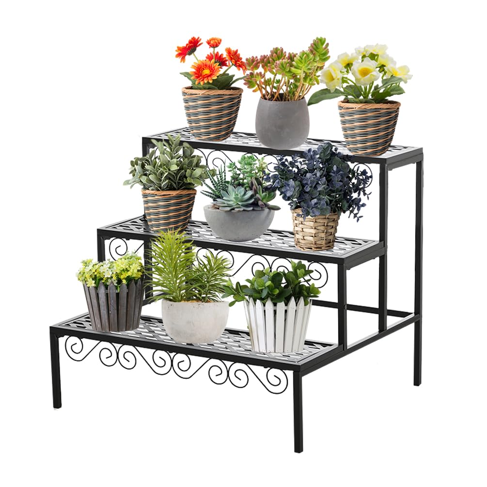 BAOYOUNI 3 Etagen Blumentreppe Blumenregal aus Metall Rechteckiges Pflanzenständer Pflanzenregal Blu
