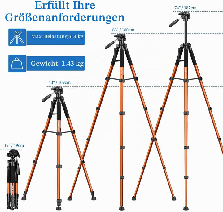 JOILCAN Kamera Stativ, 187cm Aluminium Leichte Dreibeinstativ für Canon Nikon DSLR mit Abnehmbar 3-W