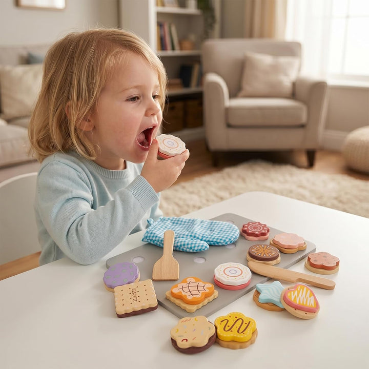 Hölzernes Plätzchen Spiel Essen Set für Kinder, Küchenzubehör Lebensmittel Spielzeug für Kleinkinder