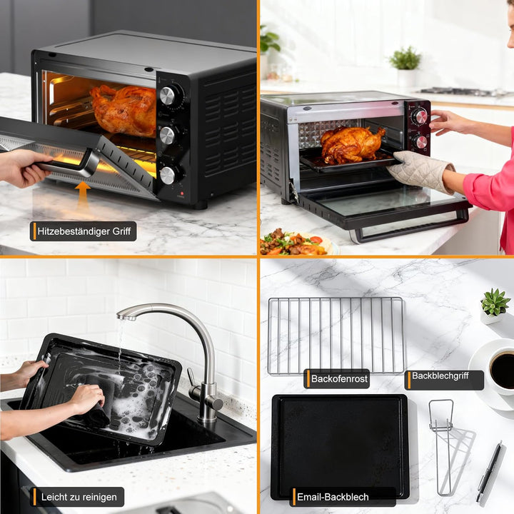SUPERLEX Mini Backofen 21L Mit Umluft 1200W Ofen Klein 70°C-230°C Tischbackofen 6 Heizmodi 60 Min Ti