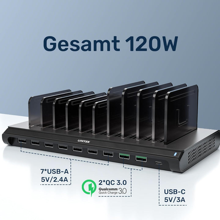 Unitek 120W 10 Port USB Ladestation mit Typ C und QC3.0, Multi Ladestation für mehrere Geräte mit Sm