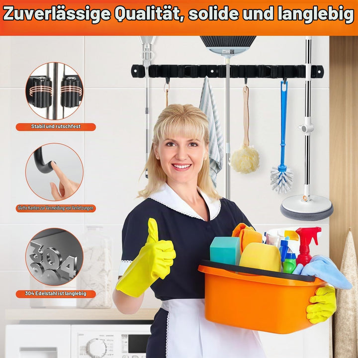 2 Stück Besenhalterung Wand, 10 Halter + 8 Haken Edelstahl Gerätehalter, Selbstklebend Gartengeräteh