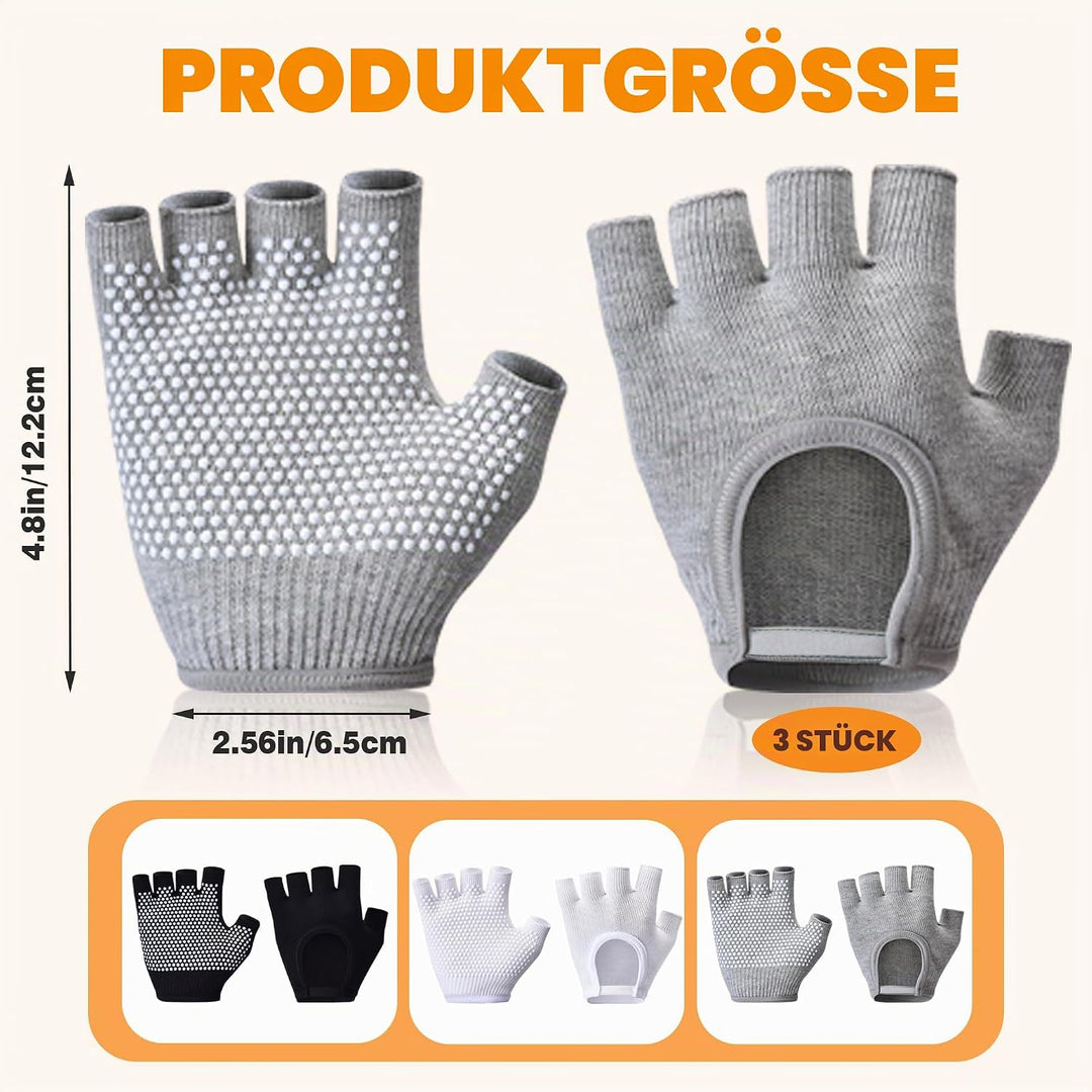 3 Paar rutschfeste Yoga-Handschuhe für Damen, fingerlose Workout-Handschuhe für Damen, Fitnessstudio