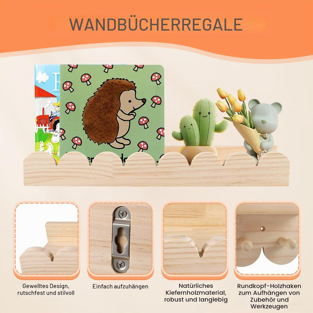 3er Set Bücherregal Kinder Wand, Wandregal Kinderzimmer 40cm, Holz Wandregal Bücher Schweberegale mi