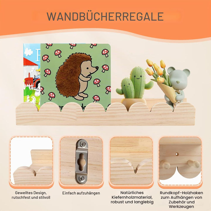 3er Set Bücherregal Kinder Wand, Wandregal Kinderzimmer 40cm, Holz Wandregal Bücher Schweberegale mi