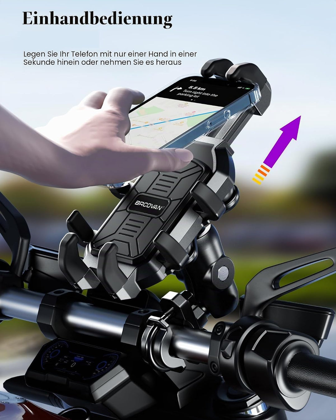 BRCOVAN Motorrad Handyhalterung mit Vibrationsdämpfer, Anti-Shake Handy Motorradhalterung, Verstellb