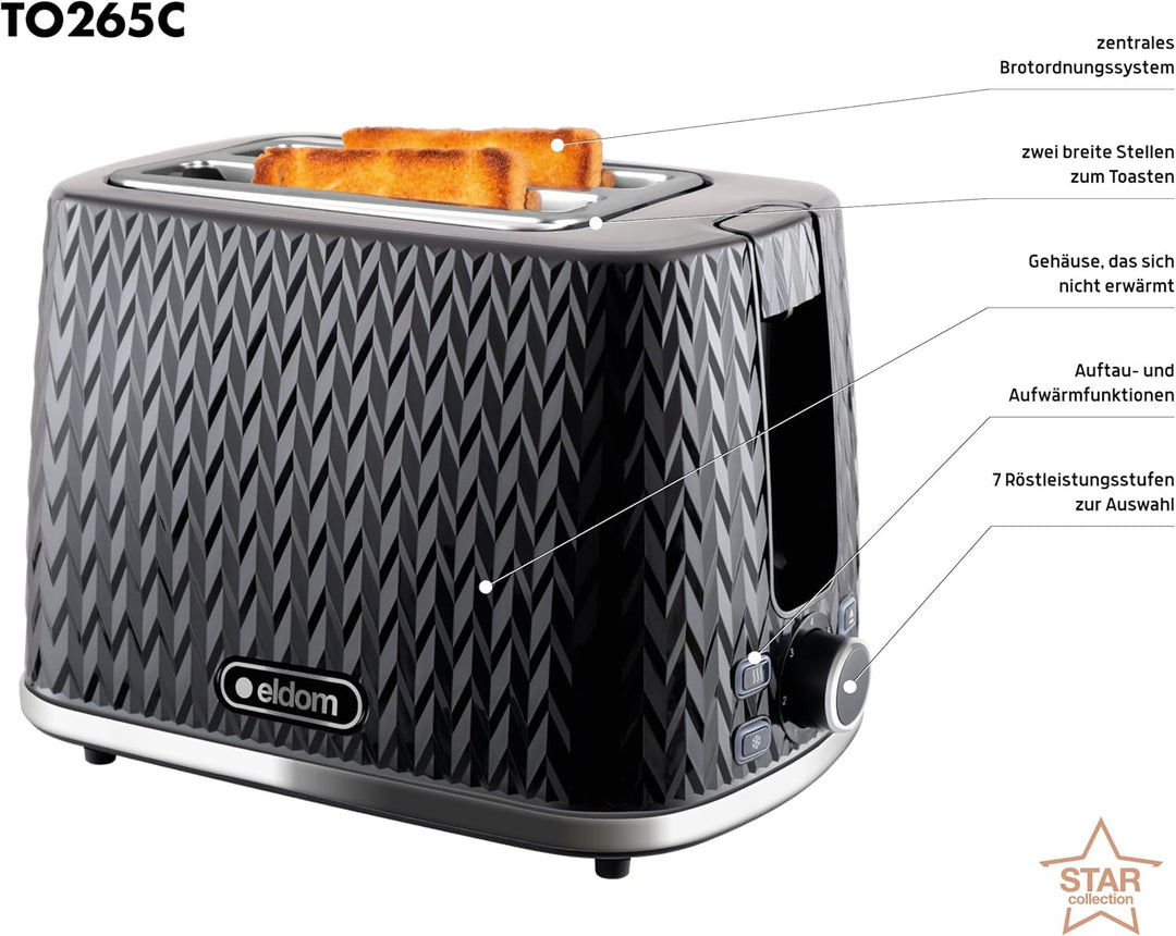 eldom TO265 Nele Toaster | 7 Röststufen | Defrost-Funktion | mit integrierten Brötchenaufsatz | Krüm