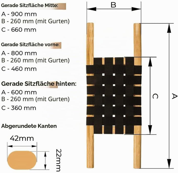 Kanu Sitz Seat Bank aus Kiefernholz Front/Center/Rear - Gurtbandsitz Kanusitz mit Gurtflecht für Can