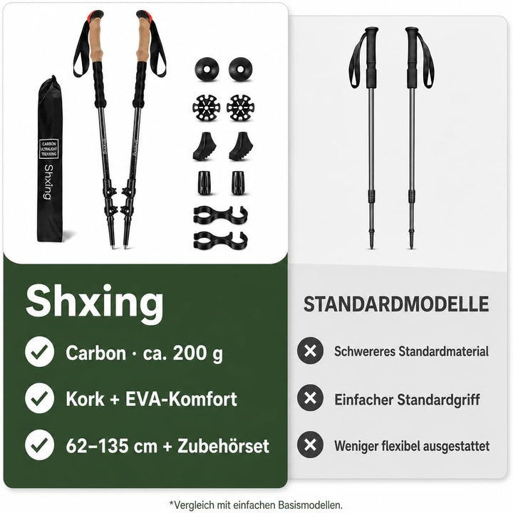 Teleskop-Wanderstöcke Carbon 2er Set, 200 g pro Stock, 62–135 cm verstellbar, leicht & stabil, Korkg