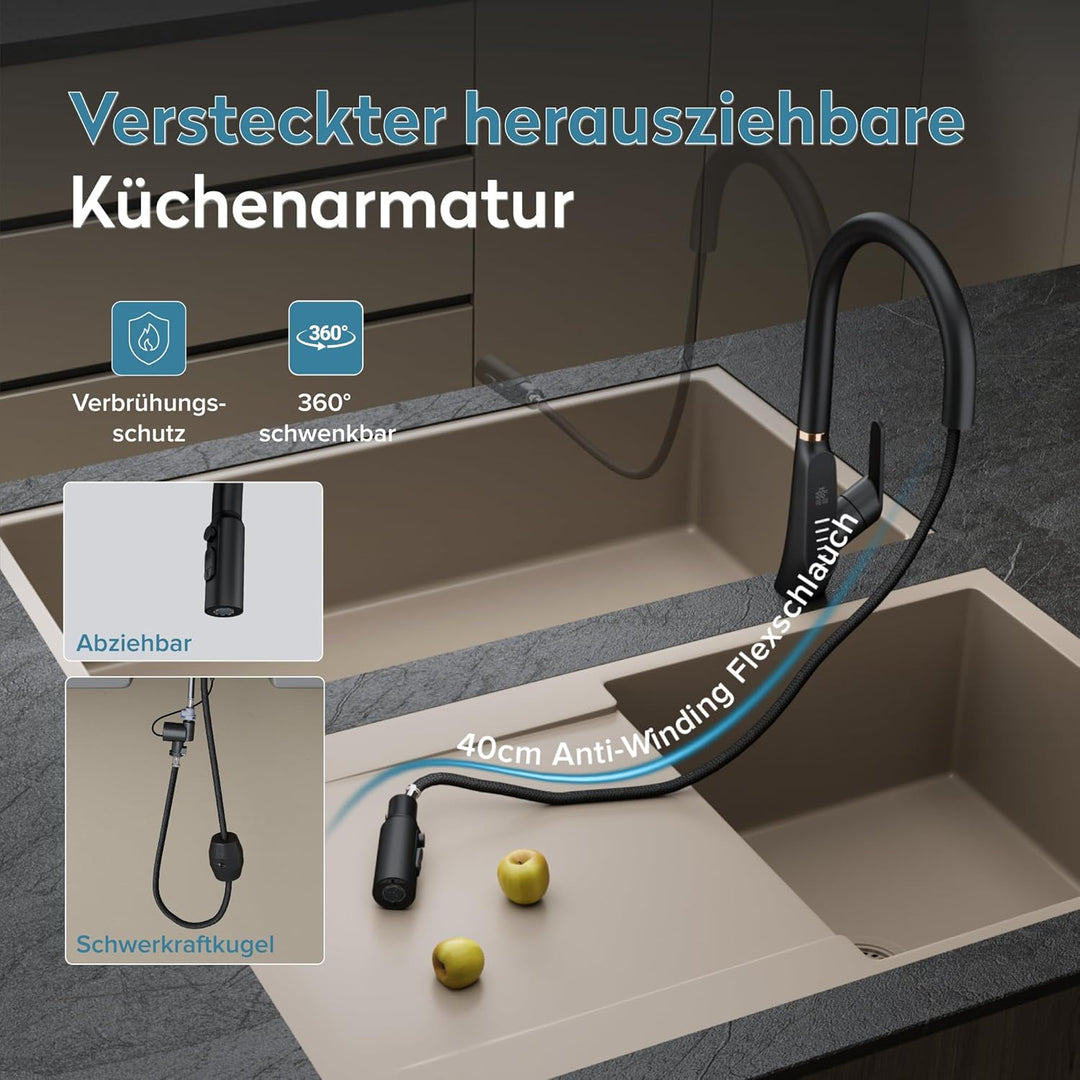 doporro Wasserhahn Küche Schwarz, Küchenarmatur mit LED Temperaturanzeige | Hochdruck ausziehbare Mi