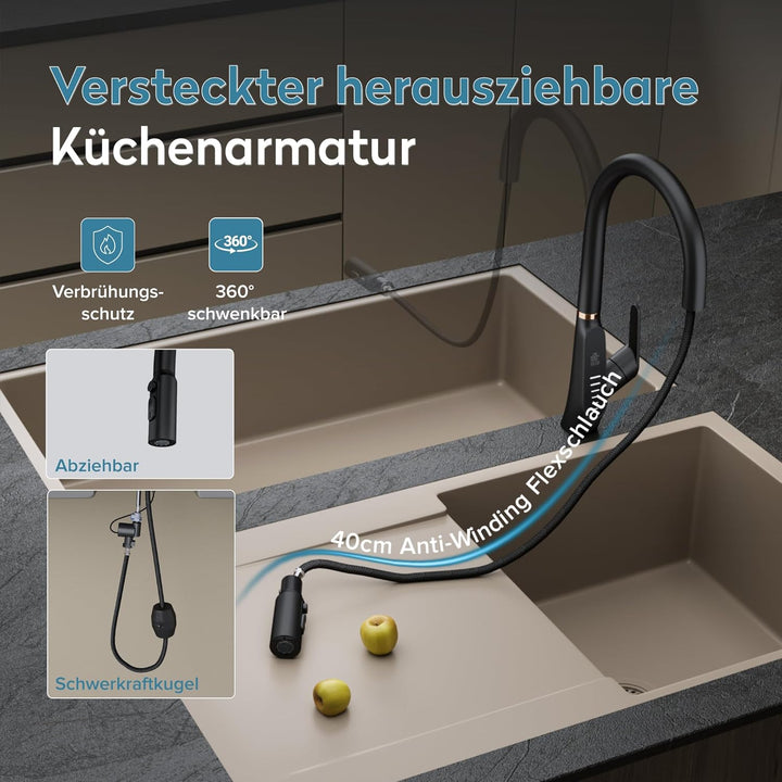 doporro Wasserhahn Küche Schwarz, Küchenarmatur mit LED Temperaturanzeige | Hochdruck ausziehbare Mi