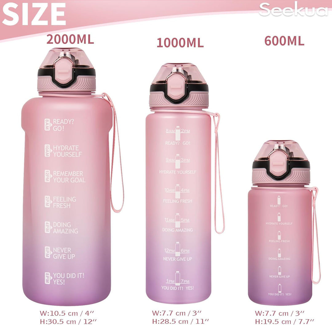 Seekua Sport Tritan Trinkflasche 0.6l / 1l / 2l mit Strohhalm & Zeitmarkierung, Grosse Wasserflasche