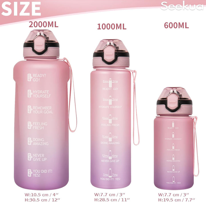 Seekua Sport Tritan Trinkflasche 0.6l / 1l / 2l mit Strohhalm & Zeitmarkierung, Grosse Wasserflasche