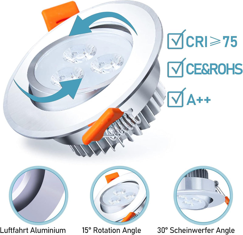 Lospitch LED Einbaustrahler 230V flach, 3W Led Spots 3000K warmweiss LED Einbauleuchten 20er Set Bad