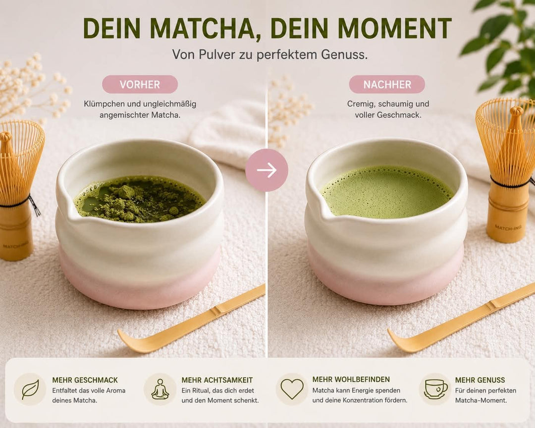 Matcha Set 4-teilig – Keramik Matcha Schale, Bambus Matcha Besen (Chasen), Besenhalter & Löffel – Ja