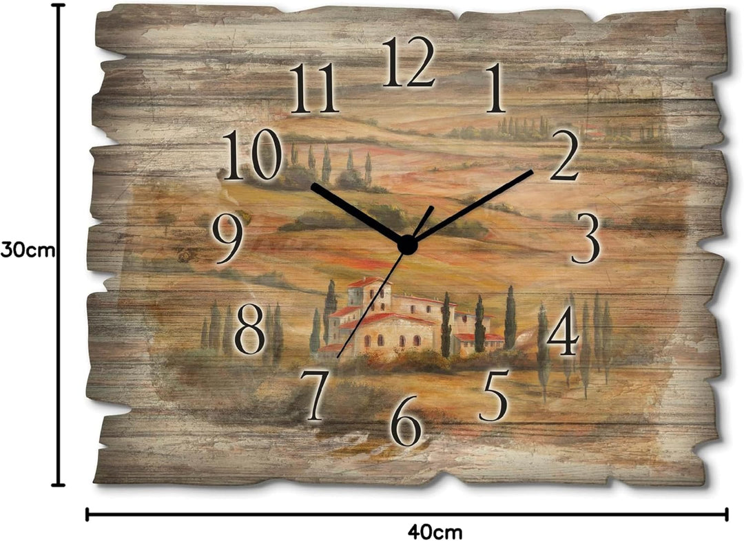 ARTLAND Wanduhr ohne Tickgeräusche aus Holz Funk Uhr lautlos Rechteckig 40x30 cm Landschaft Toskana