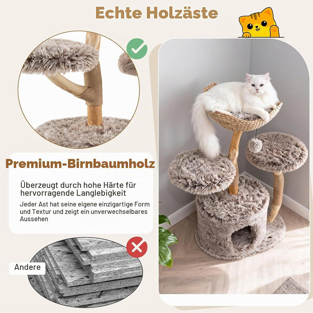 SOARS Kratzbaum Holz, 105 cm Katzenbaum mit Weidenkorb, Höhle, 2 Plattformen und Plüschball, Katzenk
