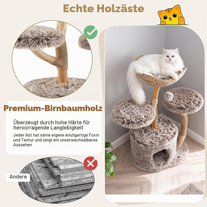 SOARS Kratzbaum Holz, 105 cm Katzenbaum mit Weidenkorb, Höhle, 2 Plattformen und Plüschball, Katzenk