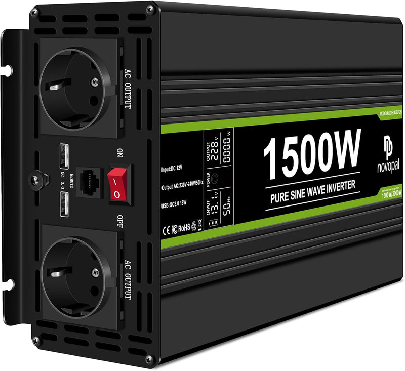 NOVOPAL 1500W Wechselrichter 12V auf 230V Reiner Sinus Spannungswandler mit LCD Display Fehlercodes