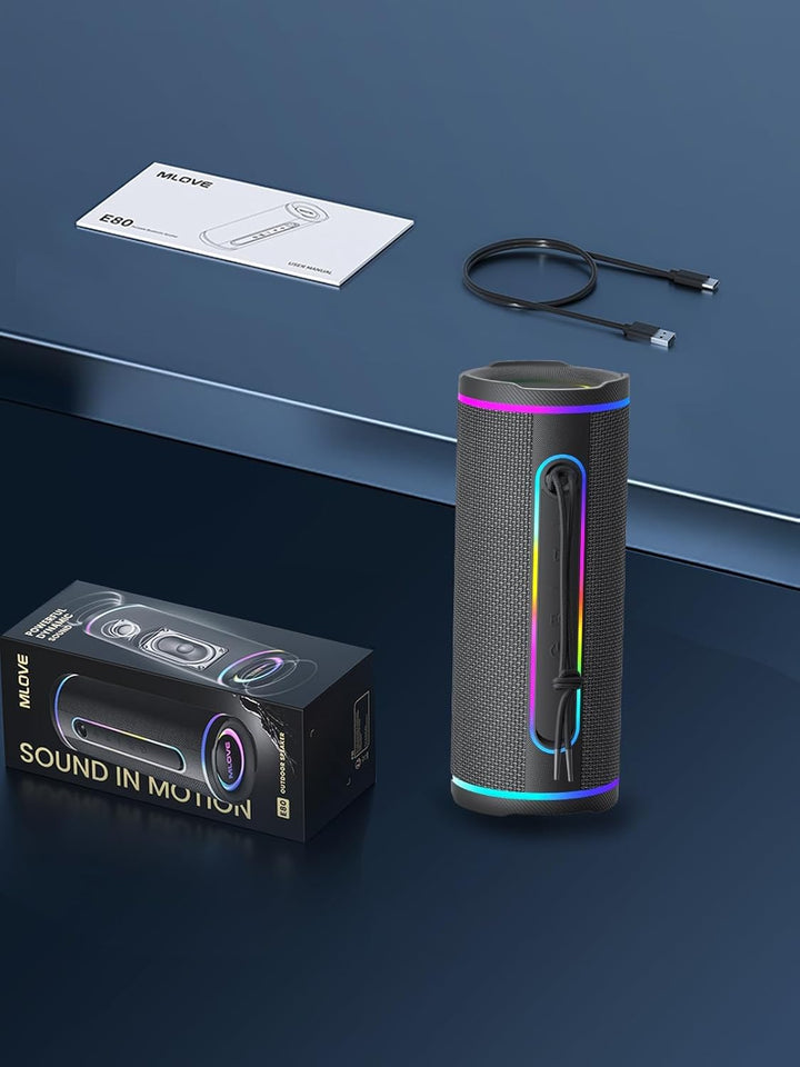 MLOVE E80 Tragbarer Bluetooth-Lautsprecher, 30W, Bluetooth 5.4, IPX7 Wasserdicht, mit Beleuchtung, B