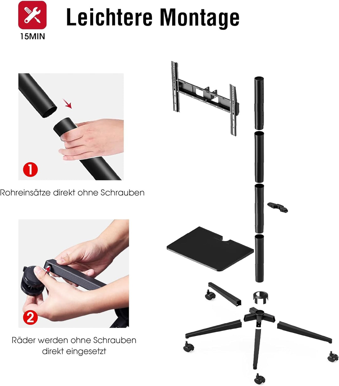 AOKCOS TV Bodenständer Rollbar mit Ablage, TV Ständer mit Rollen für 32-65 Zoll Fernseher bis 40 kg,