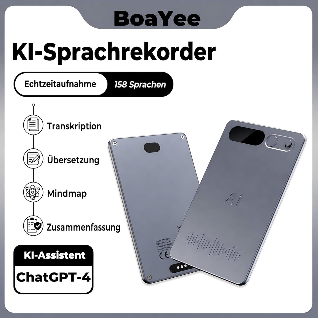 KI Diktiergerät, Diktiergerät Mini 64 GB, Schwarzes Gehäuse | Gestützte Transkription und Zusammenfa