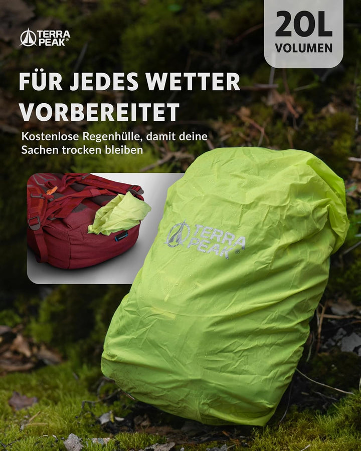 Terra Peak® Premium Wanderrucksack 20L (FLEX 20) klein mit Rückenbelüftung, Regenschutz &amp; Trinksyste