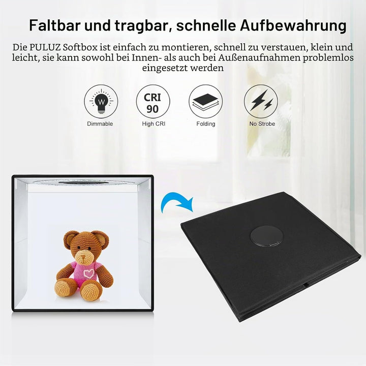 PULUZ Fotobox 50x50 cm Faltbares Fotostudio, 200 LEDs Dimmbarer Lichtkasten mit 12 Hintergründen für