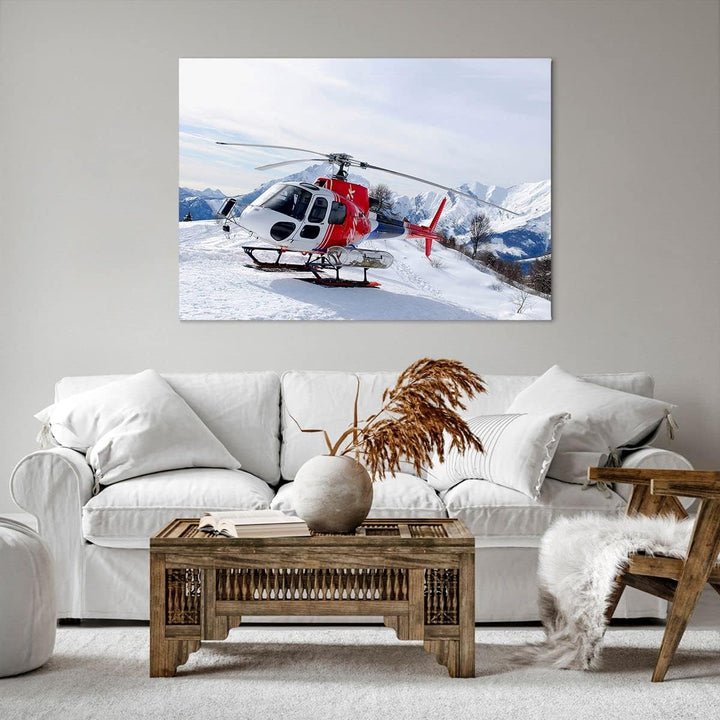 Bilder auf Leinwand 100x70cm Leinwandbild Hubschrauber Berge Gipfel Winter Gross Wanddeko Bild Schla