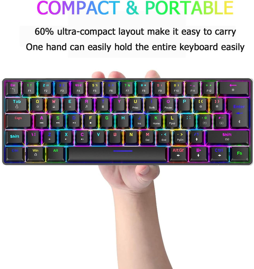 Mini 60% RGB Gaming-Tastatur,Mechanischer Blaue Schalter mit Kompakten 62 Tasten,18 RGB LED-Chroma-H
