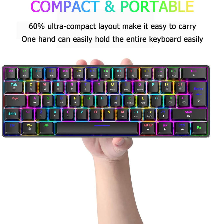 Mini 60% RGB Gaming-Tastatur,Mechanischer Blaue Schalter mit Kompakten 62 Tasten,18 RGB LED-Chroma-H