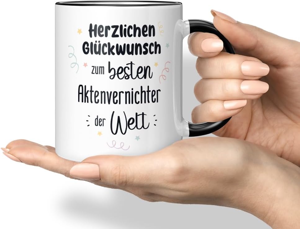 JUNIWORDS Tasse, Herzlichen Glückwunsch zum besten Aktenvernichter der Welt, Schwarz (7623843), Schw