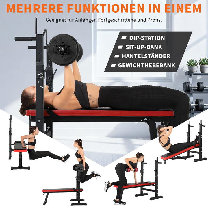 ISE Hantelbank, faltbar, verstellbar, mit Stangenhalterung, für Hantel und Dip-Station, verstellbar,