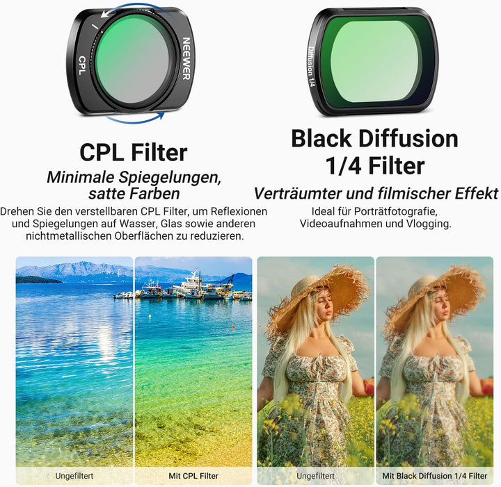NEEWER Variables ND Filter Set kompatibel mit DJI Pocket 3, ND2-32 + CPL + Black Diffusion 1/4, magn