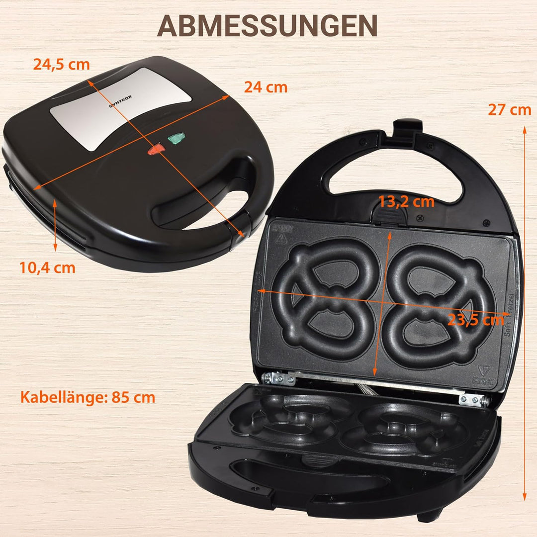 Syntrox Germany SM-1300W-Soft-Brezel Maker mit antihaftbeschichteten Wechselplatten für 2 grosse Bre