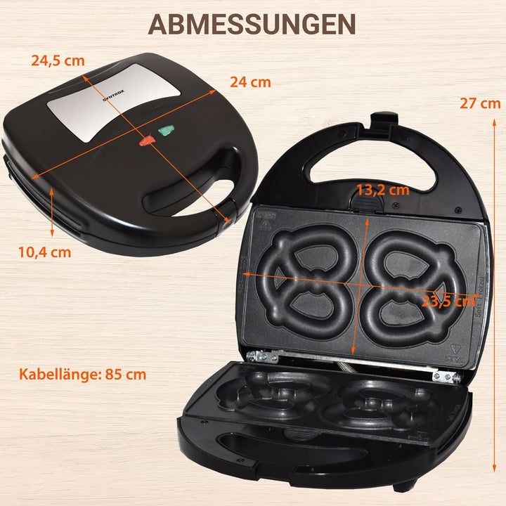 Syntrox Germany SM-1300W-Soft-Brezel Maker mit antihaftbeschichteten Wechselplatten für 2 grosse Bre