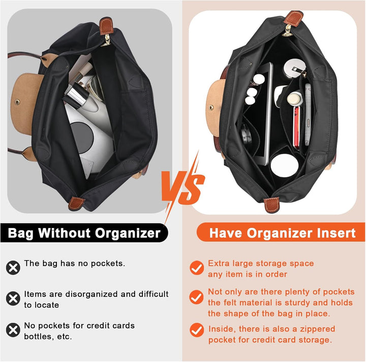 LOUKAYCCI Filz-Organizer-Handtascheneinsatz für Longchamp Le Pliage M, Grösse M, Schwarz