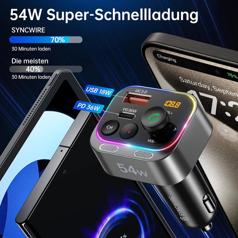 Syncwire FM Transmitter 5.4 Bluetooth Adapter Auto 54W PD & QC 3.0 USB C Auto Ladegerät [Stärkere Du