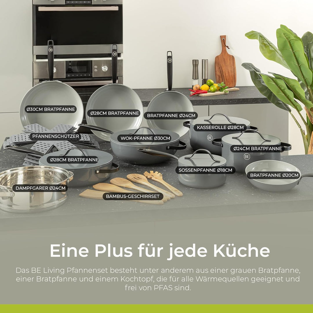 Be Living Essential Pfannenset 4-teilig, Bratpfanne 20/24/28 cm + Wokpfanne 28 cm mit Deckel, Non St