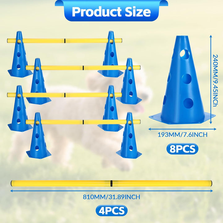 Agility Set Hunde Hürden Steckhürdenset,8 Kegel (24cm)+4 Stangen (81cm) ,Einstellbare Trainingshürde