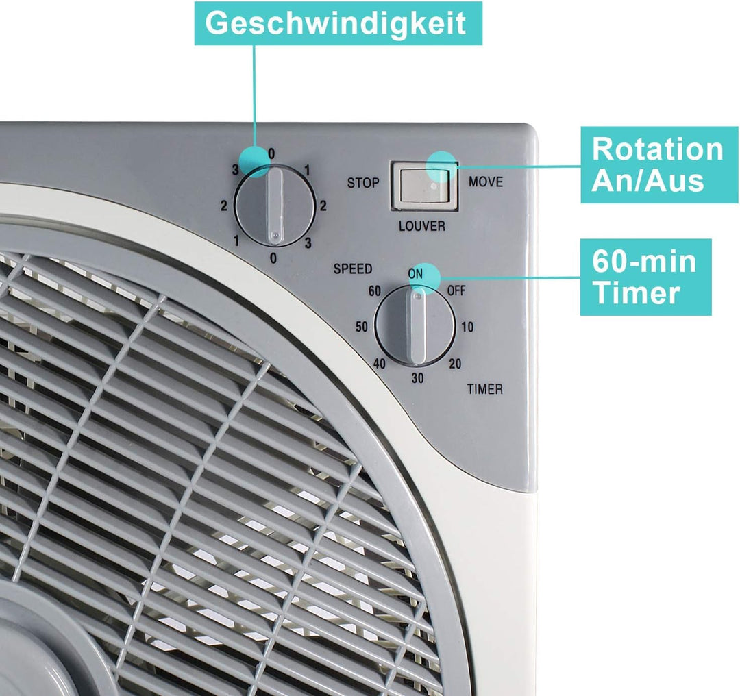 Eaxus® Tischventilator - Kraftvoller 45W Box Ventilator Fan mit Timer & 3 Geschwindigkeitsstufen